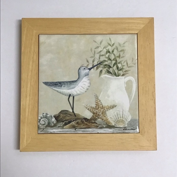 Vintage Diane Arthurs Framed Ceramic Tile Trivet Sandpiper Shells 8x8” Wall Art - Picture 1 of 14